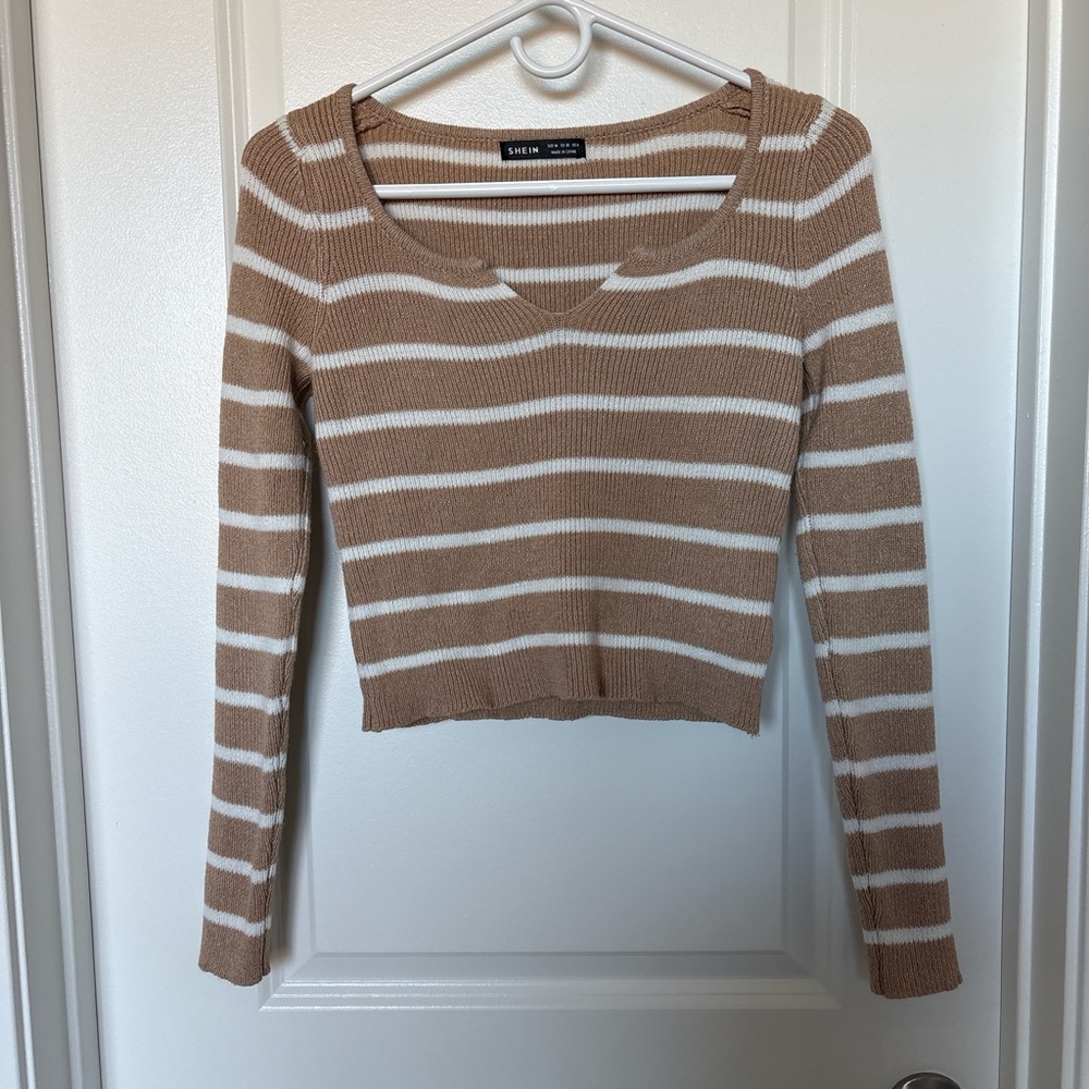 SHEIN Beige and White Striped Longsleeve Knit Top Slight Crop Size Medium